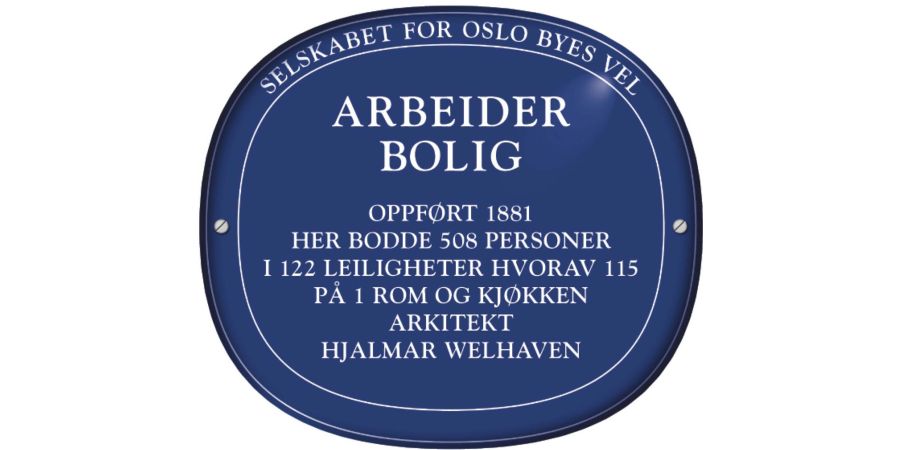 Blått skilt for Arbeidbolig i Ruseløkkveien 60.